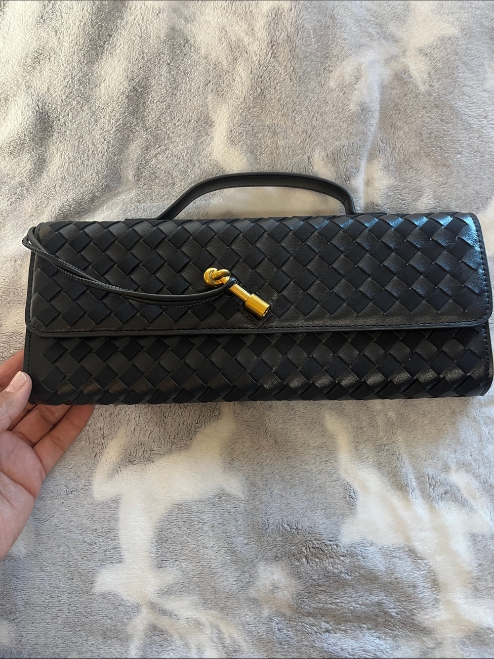 Black Woven Leather Clutch with Gold Accent